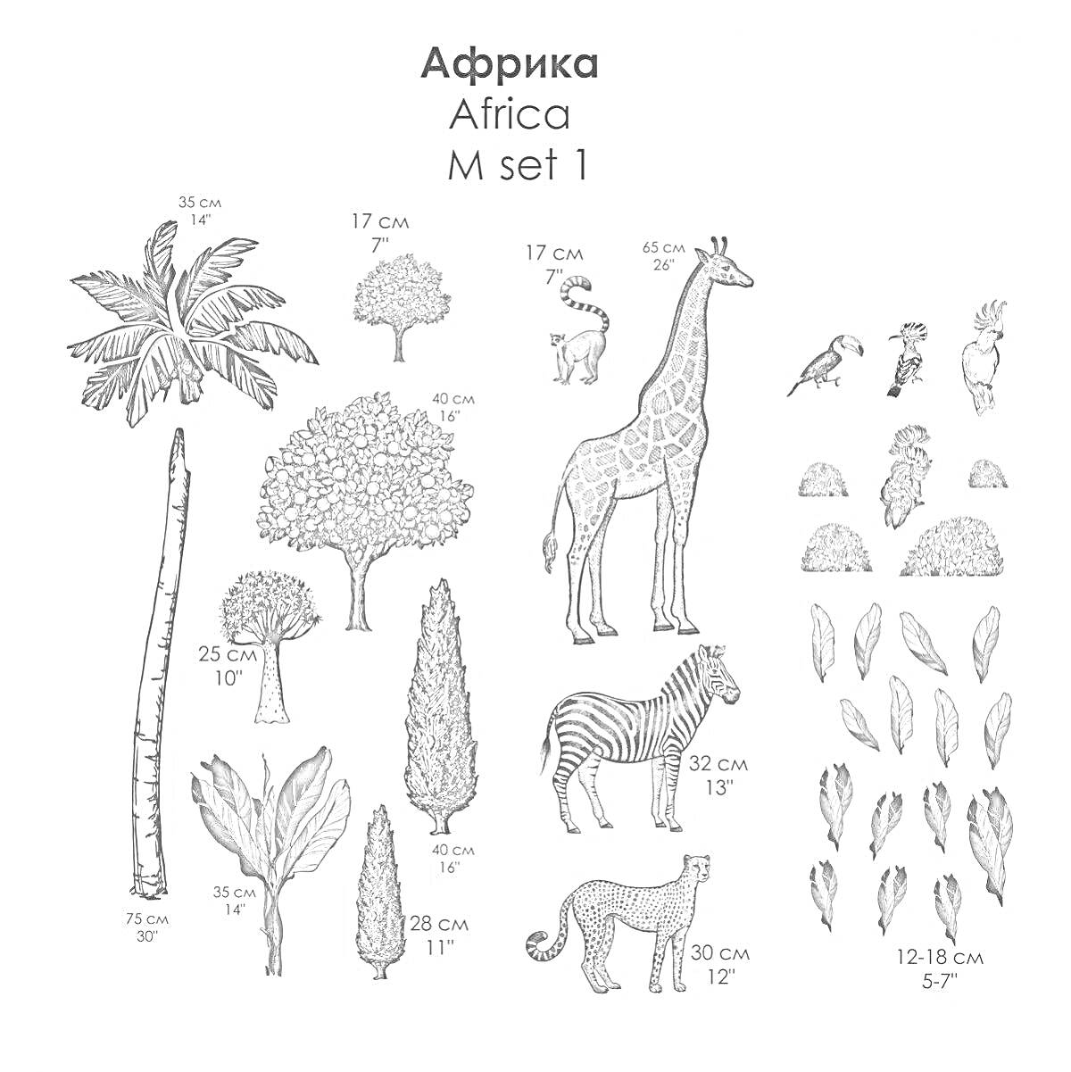 Раскраска Плакат африканское сафари с изображением жирафа, зебры, леопарда, различных деревьев, кустов, листвы и птиц