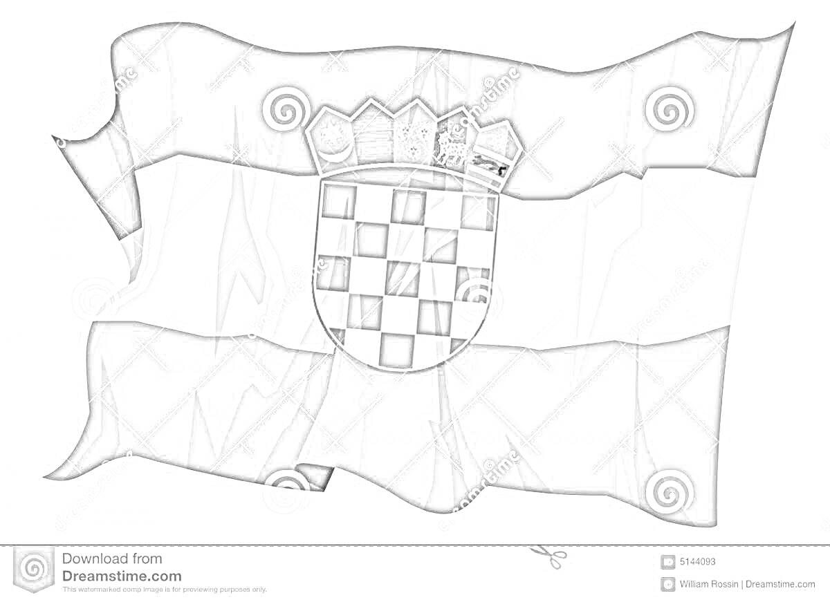 Раскраска Раскраска с изображением флага Хорватии с гербом, узором в виде шахматной доски и короной на волнующемся полотне