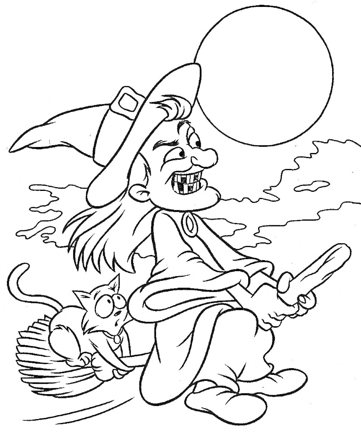 Раскраска Ведьма на метле с котом и полной луной