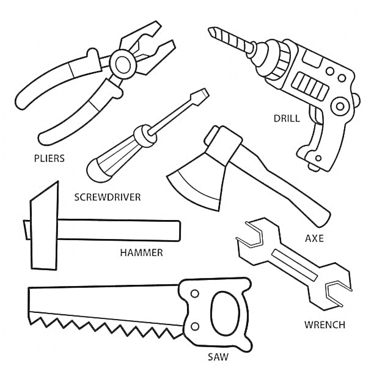 На раскраске изображено: Плоскогубцы, Дрель, Отвертка, Молоток, Гаечный ключ, Пила