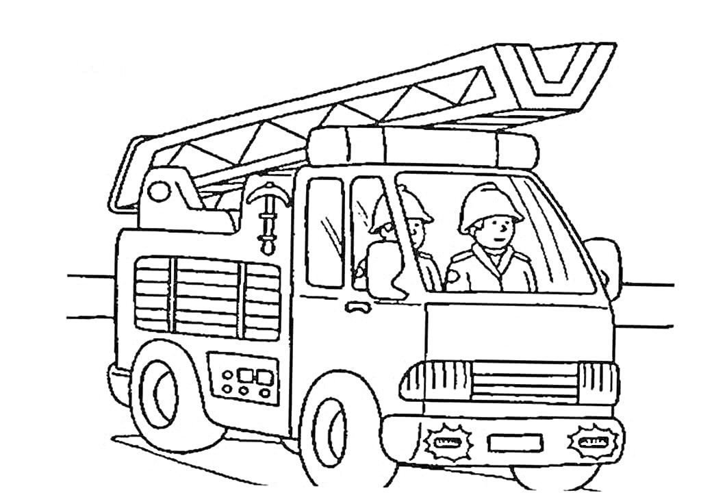 На раскраске изображено: Пожарная машина, Пожарные, Лестница, Оборудование, Кузов, Транспорт, Пожарная служба, Колеса