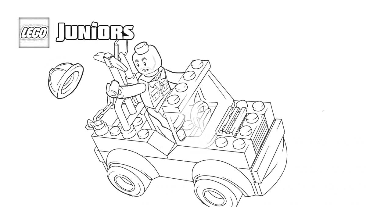 Раскраска Лего джип с человечком и рулем, одна деталь рядом