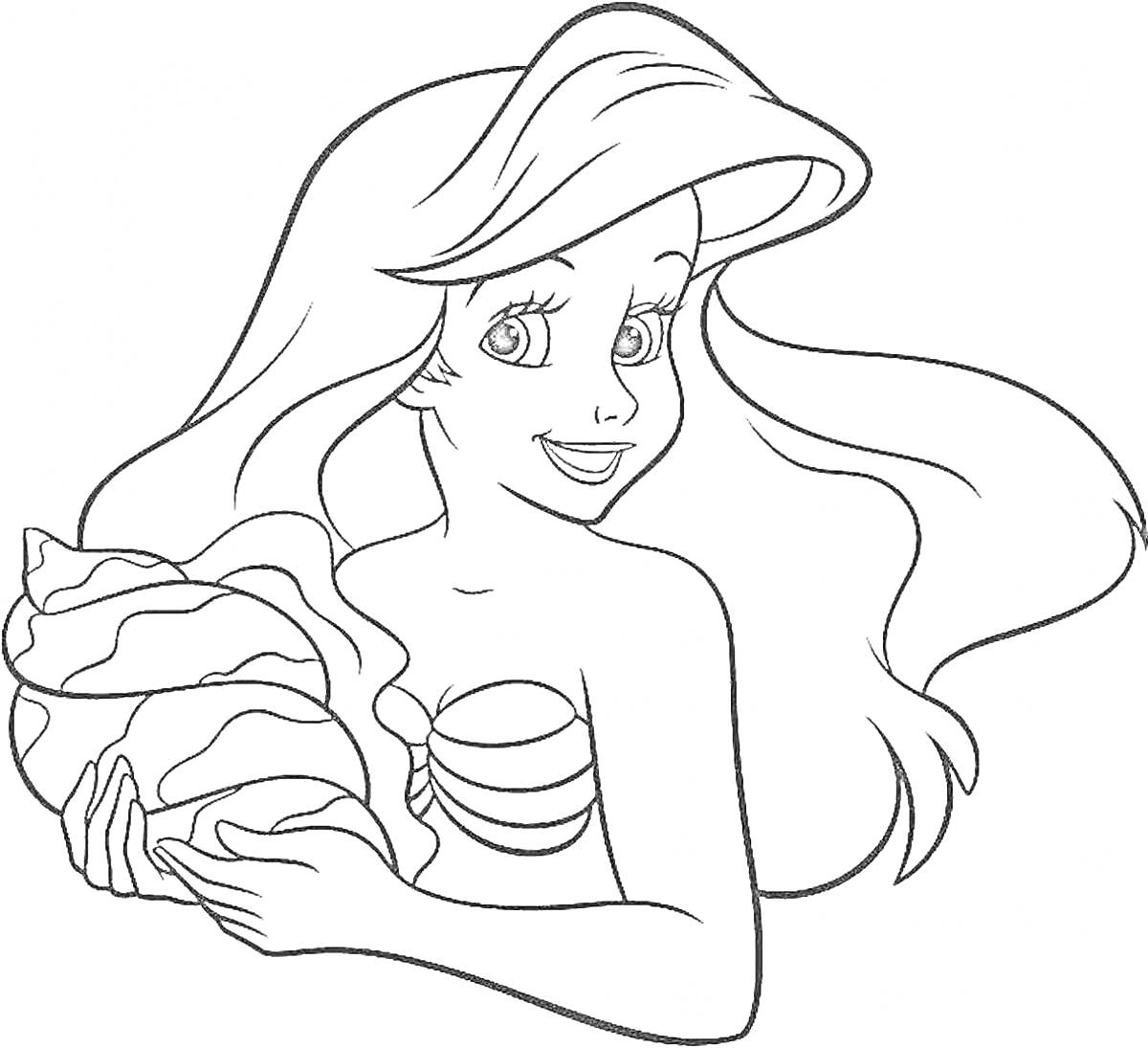 Раскраска Русалка с длинными волосами и ракушкой в руках