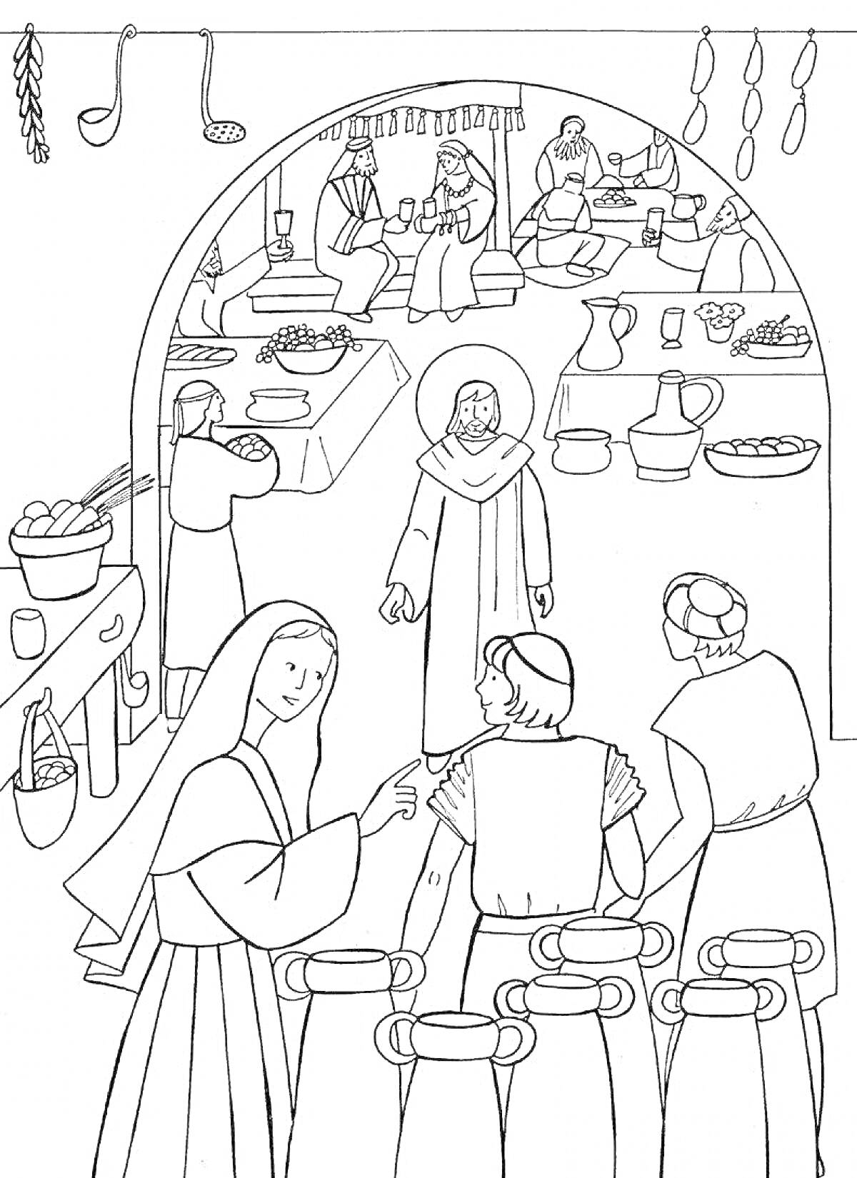 РаскраскаПир в теремных палатах с гостями за столами, женщинами около кувшинов, сосудов и еды на столах в интерьере помещения