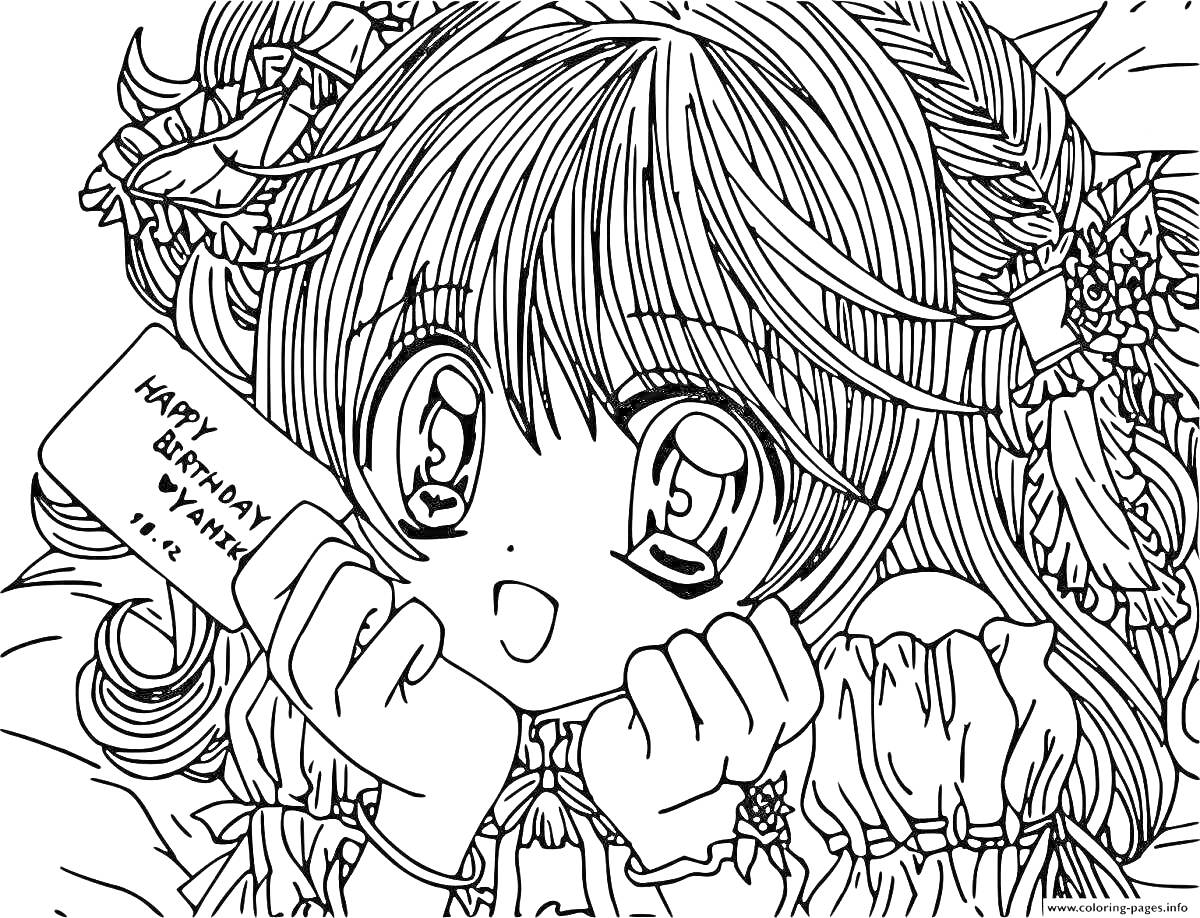 Раскраска Аниме-девочка с длинными волосами и большим бантом, держащая открытку 