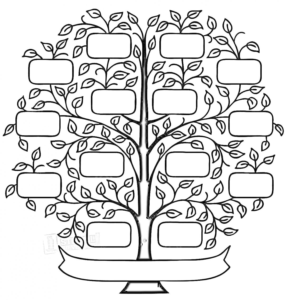 На раскраске изображено: Родословная, Листья, Рамки, Имена, Баннер