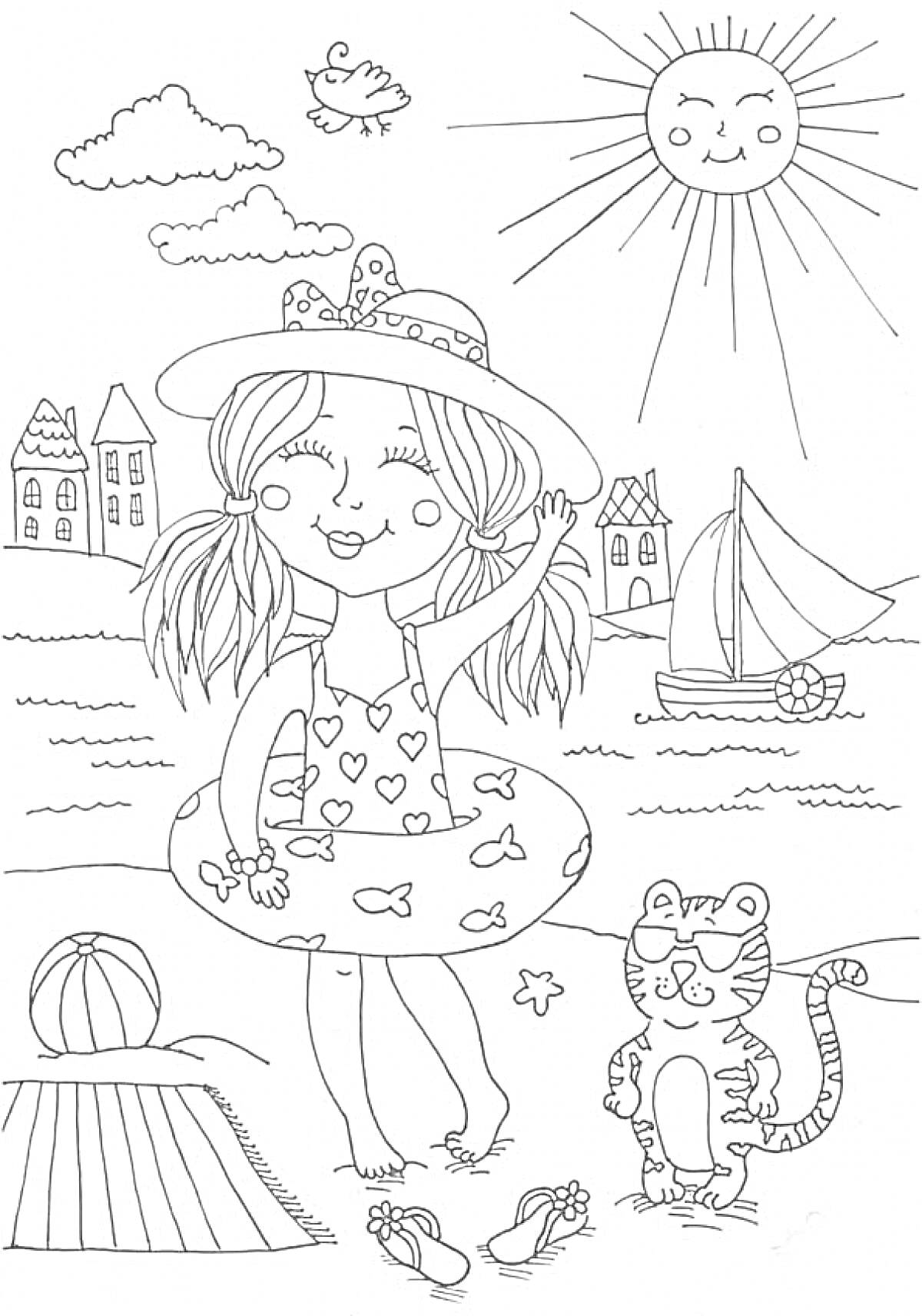 Раскраска Девочка на пляже с котом и парусником