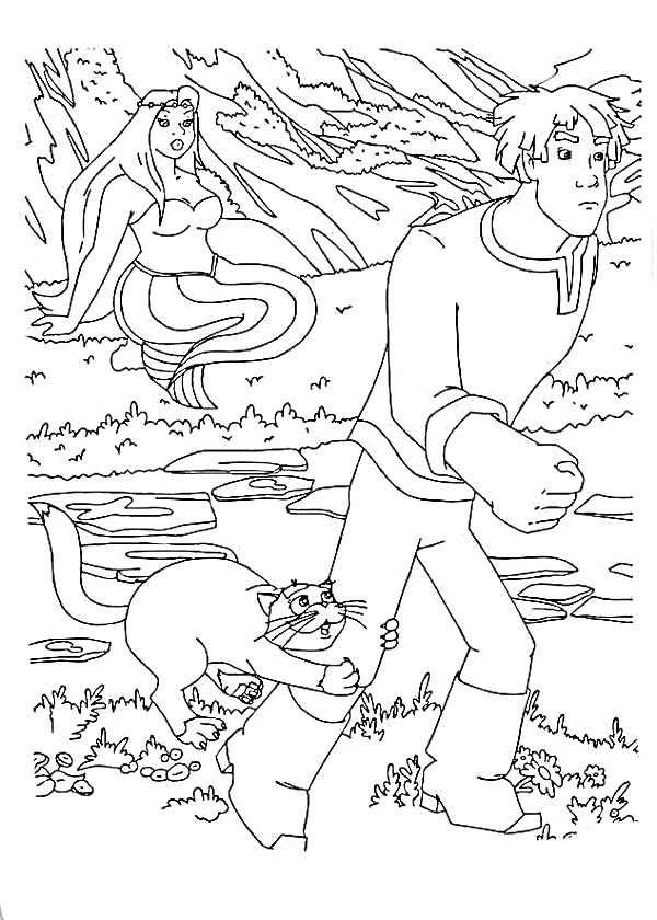 Раскраска Иван Царевич, Серый Волк, и русалка в лесу