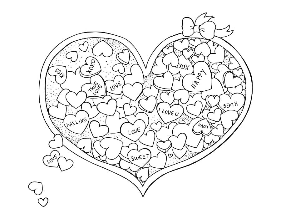 Раскраска Сердечко с множеством маленьких сердечек и словами внутри, украшенное бантом и дополнительными сердечками вокруг