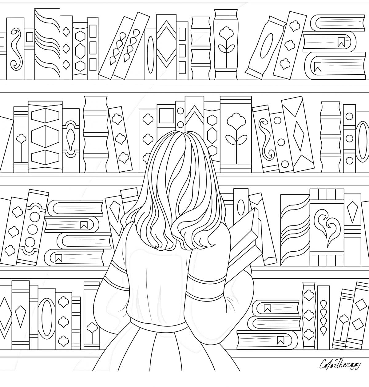 Раскраска девушка с длинными волосами в библиотеке, окруженная книжными полками, выбирает книгу