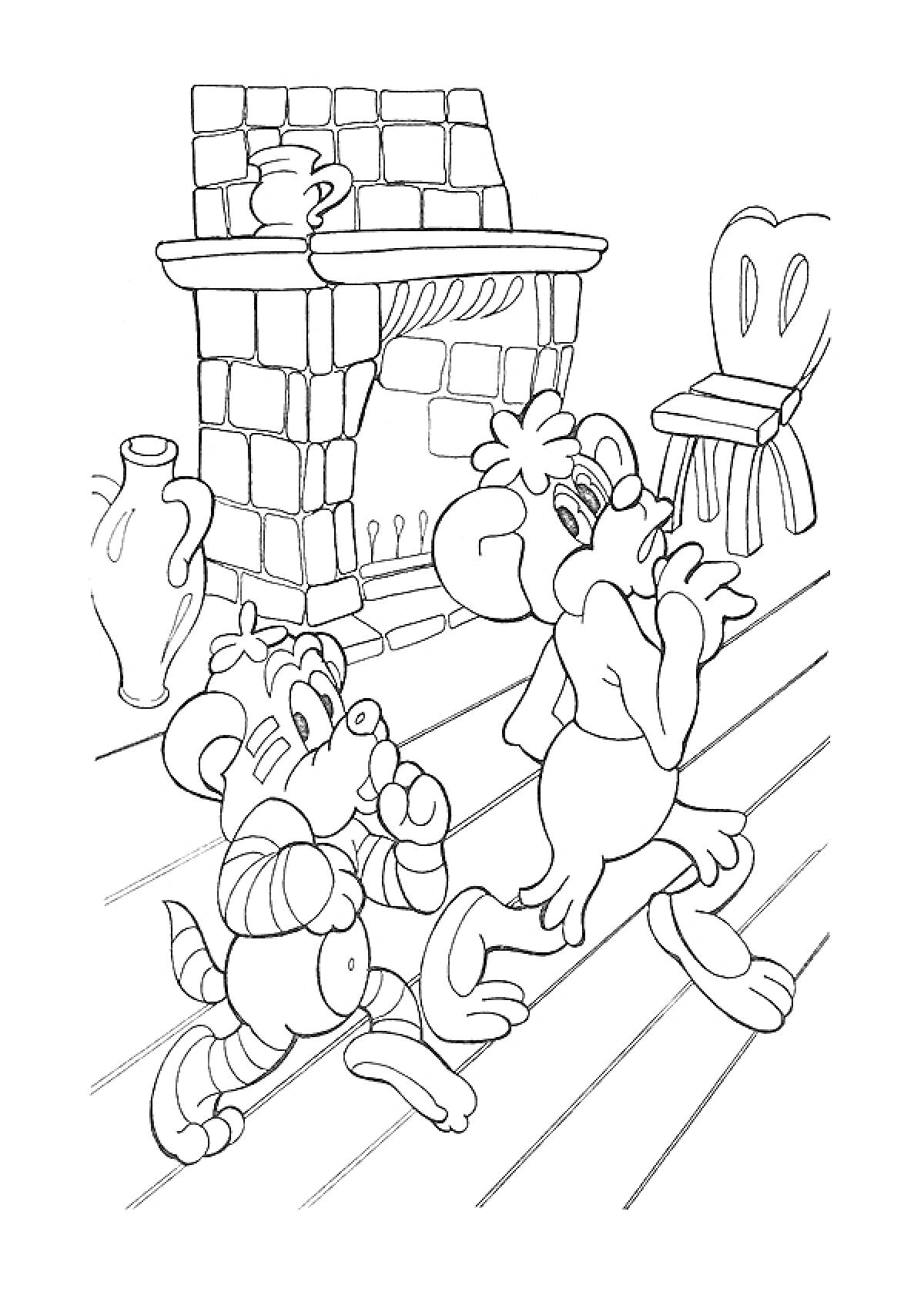 На раскраске изображено: Мышь, Камин, Кувшин, Стул, Деревянный пол, Для детей
