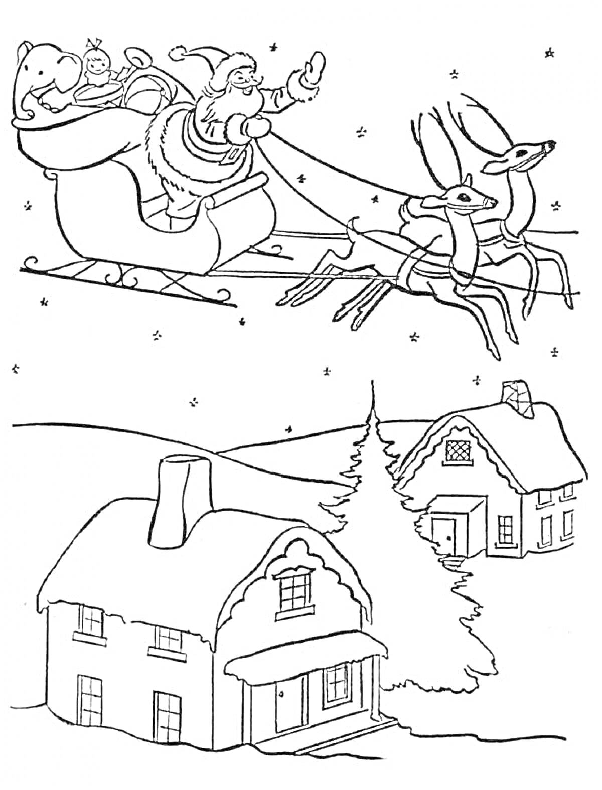 Раскраска Дед Мороз в санях с оленями над домом, снеговиком и деревьями