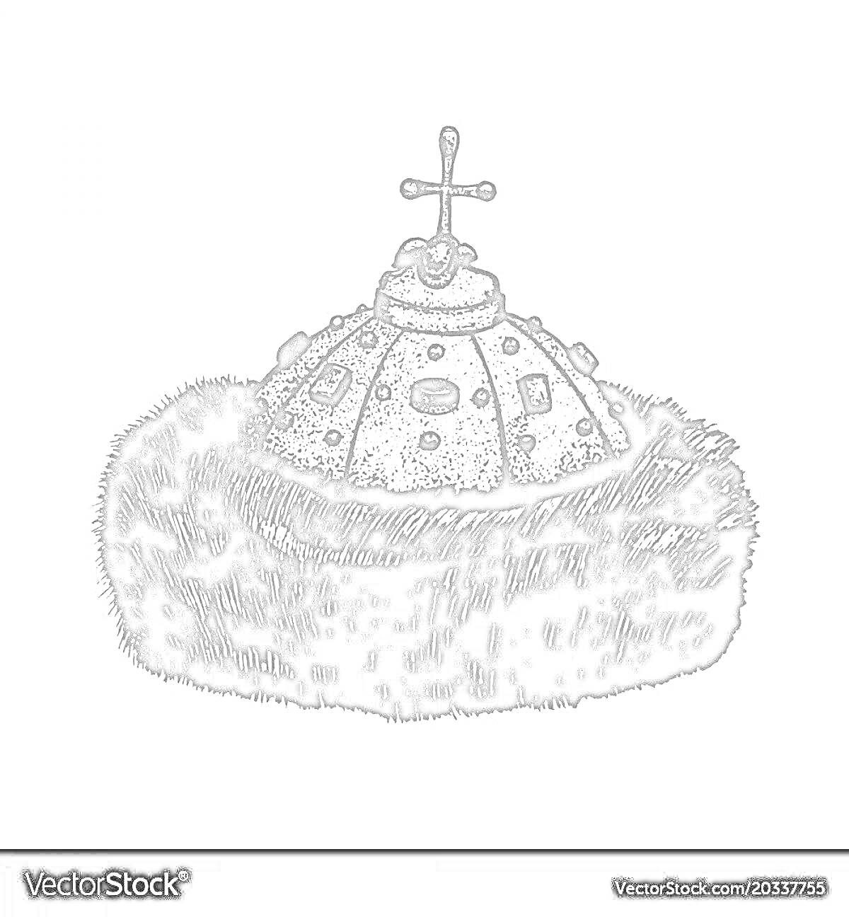 Раскраска Шапка Мономаха с крестом, драгоценными камнями и меховой опушкой
