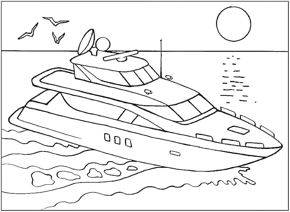 Раскраска Яхта на воде с солнечным закатом и летящими птицами