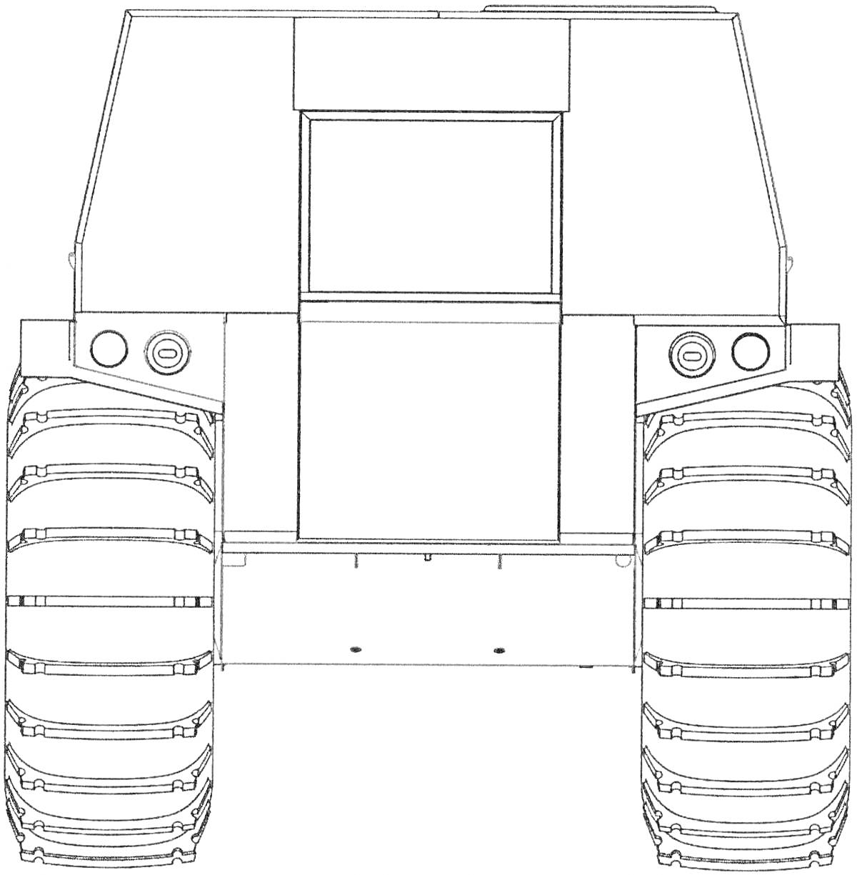 Болотоход с массивными колесами, вид спереди, окрашенная кабина, фары