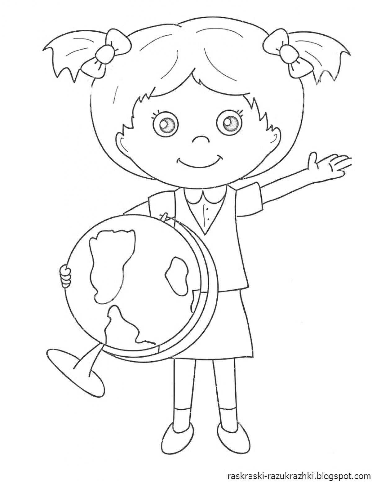 На раскраске изображено: Девочка, Глобус, Школьная форма, Косички, Учеба, География