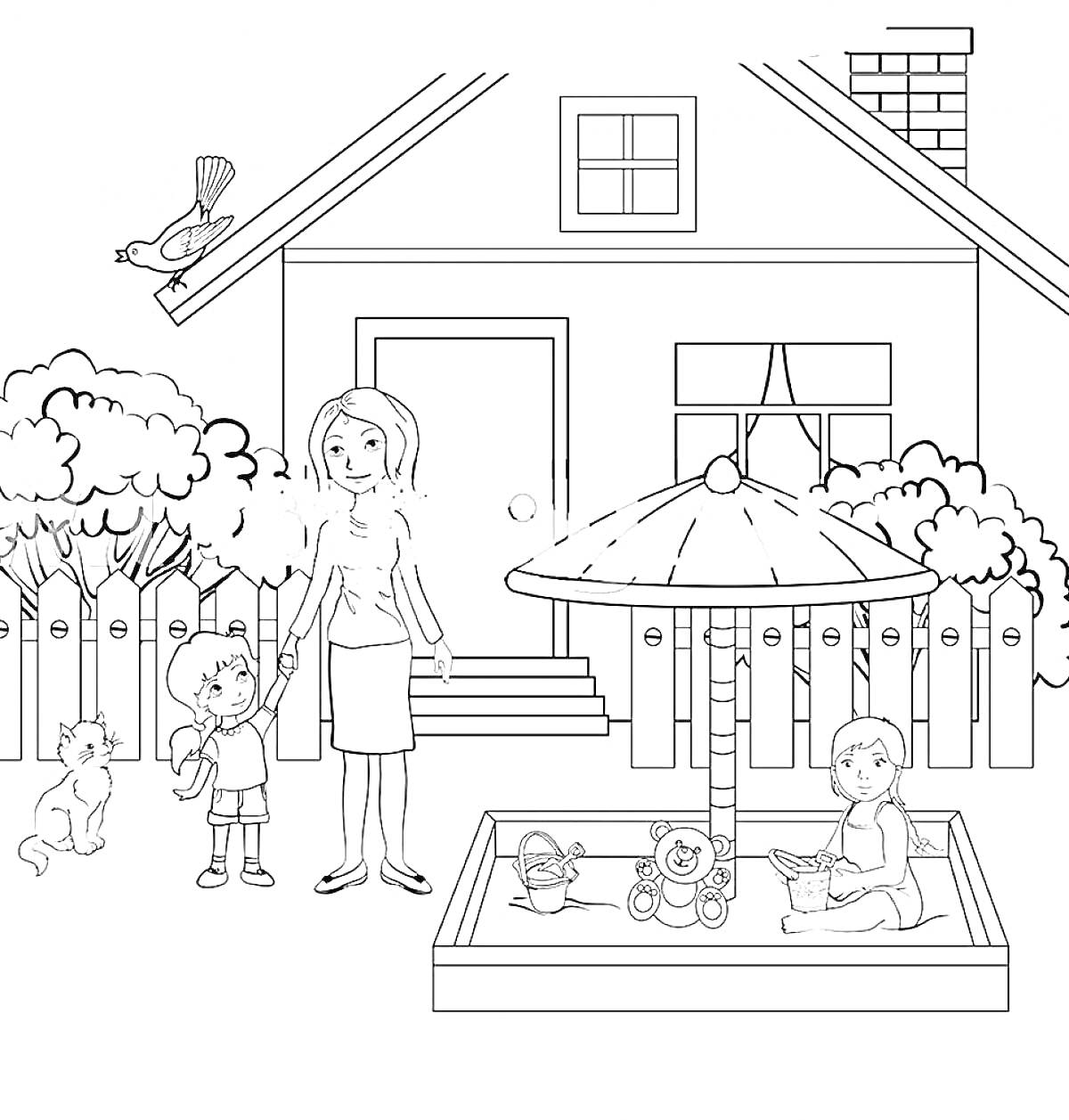 На раскраске изображено: Дом, Женщина, Ребёнок, Песочница, Игрушки, Песок, Забор, Лес, Птица, Кошка, Окна, Для детей, Дверь, Деревья