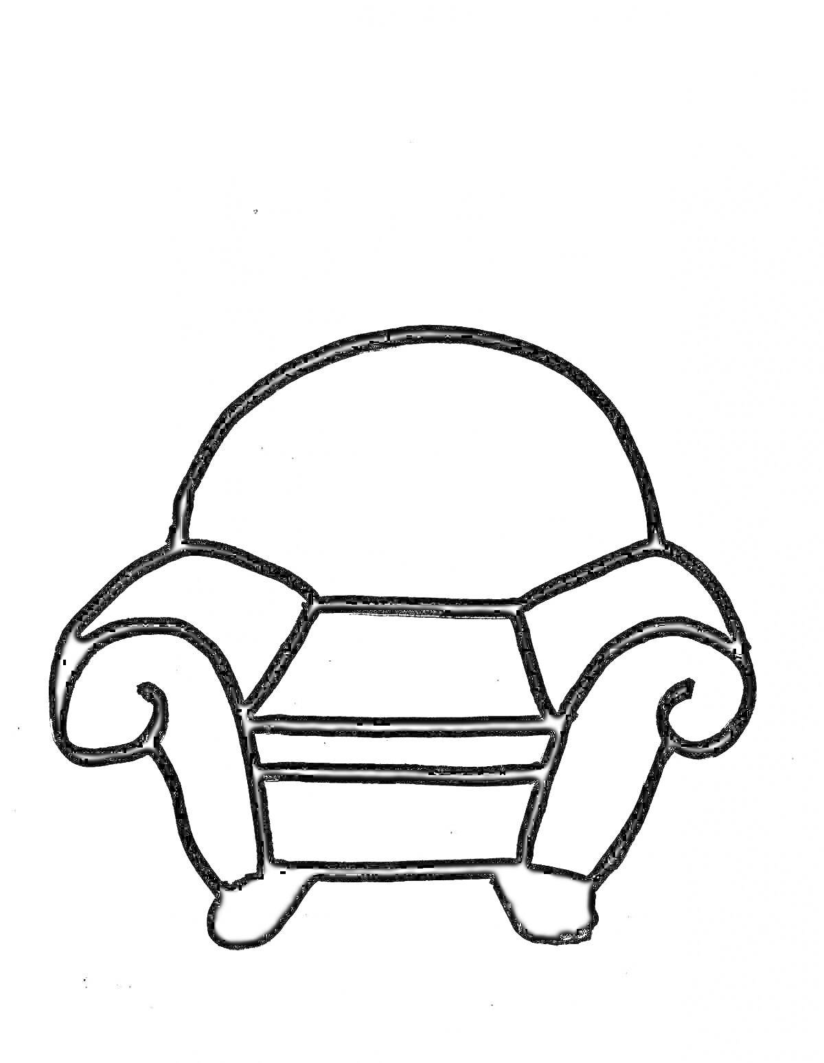 Раскраска Раскраска с изображением уютного кресла для детей, с закругленными подлокотниками и ножками.