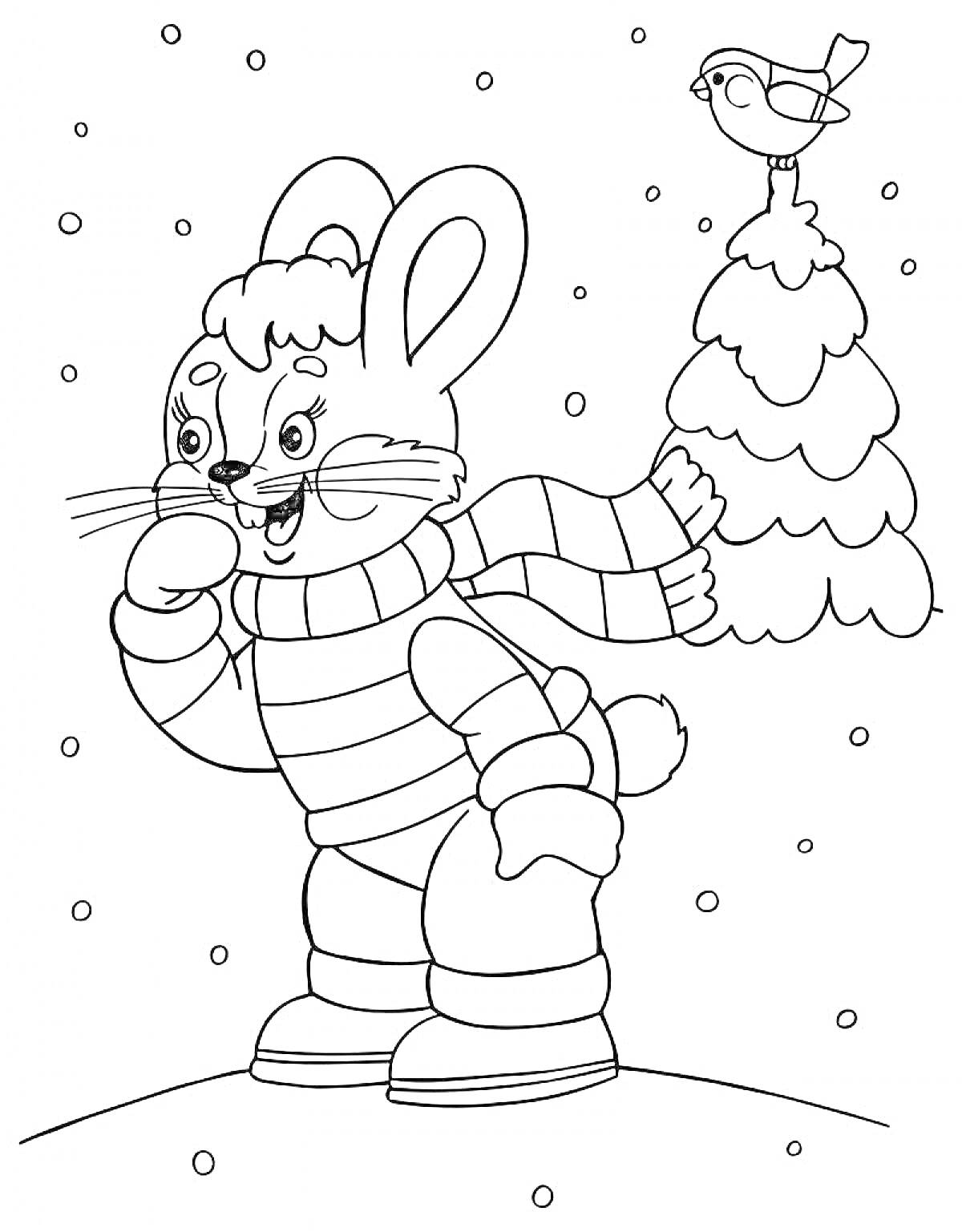 На раскраске изображено: Новогодняя одежда, Снег, Зима, Шарф, Ботинки, Снегопад