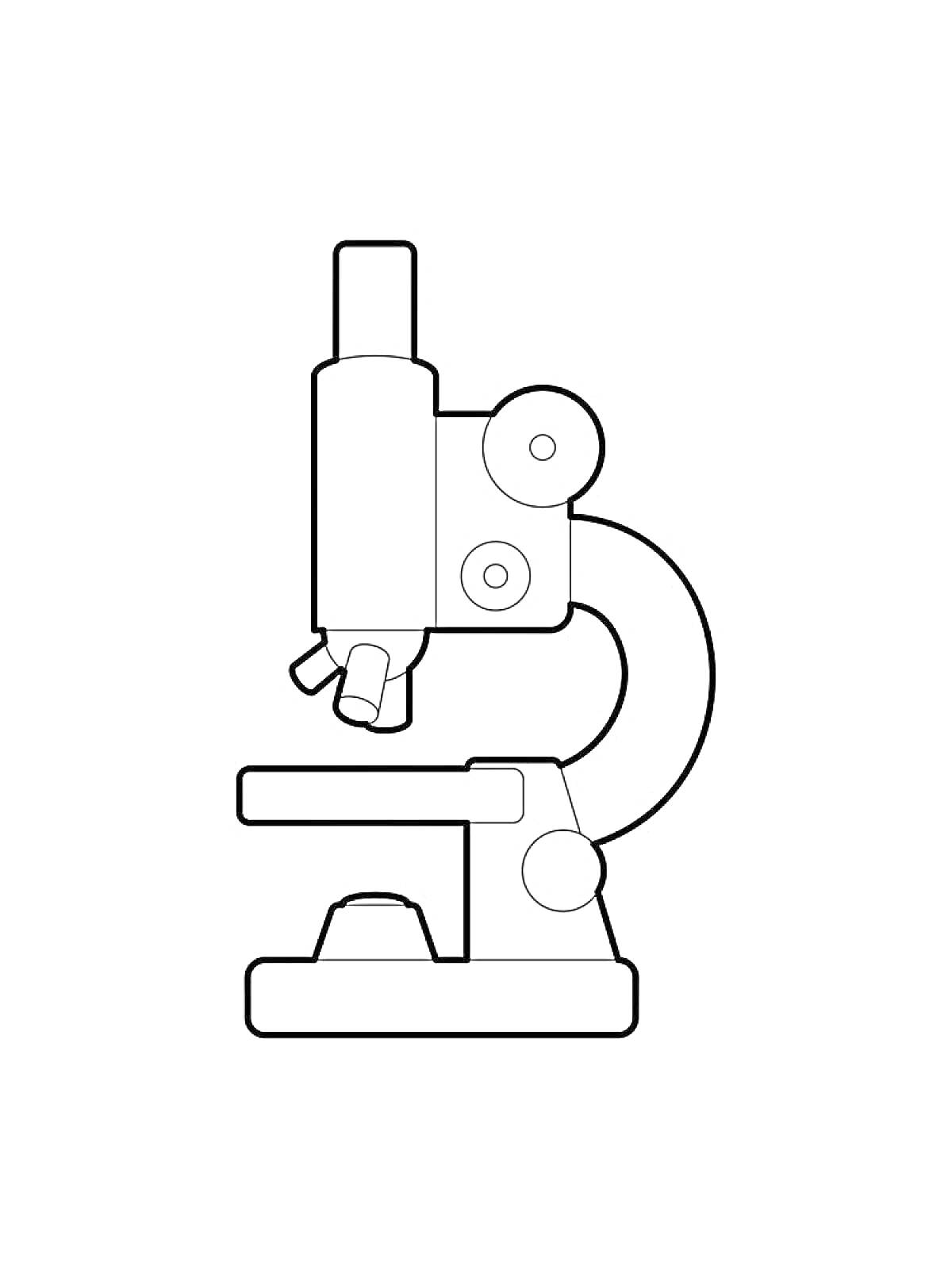Раскраска Рисунок микроскопа с окуляром, барабаном для объективов, ручкой фокусировки и основанием