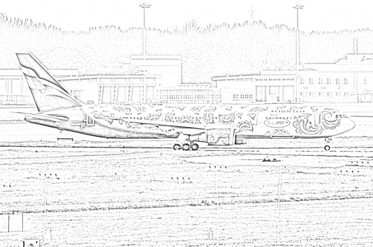 На раскраске изображено: Фюзеляж, Взлетно-посадочная полоса, Аэропорт, Терминал, Транспорт, Авиация