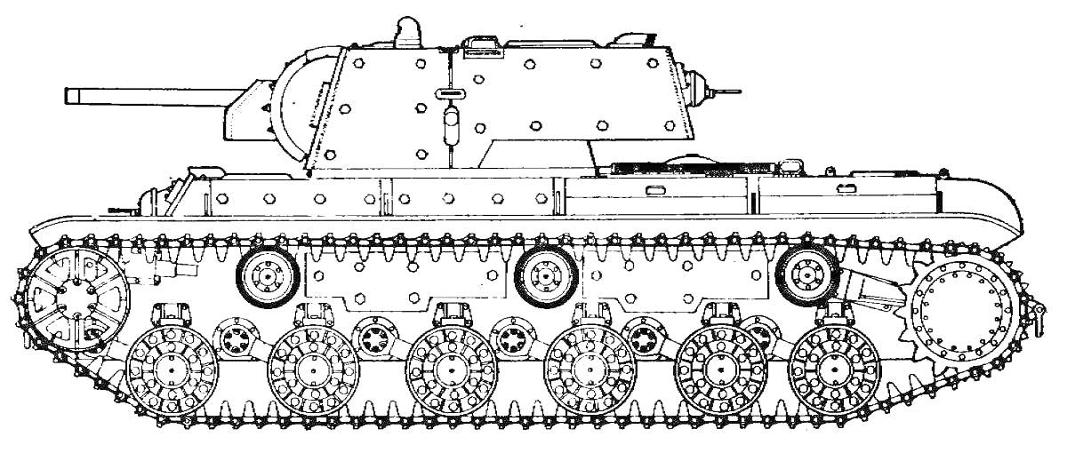 Раскраска Танк КВ-1 с орудием, гусеницами и опорными колесами