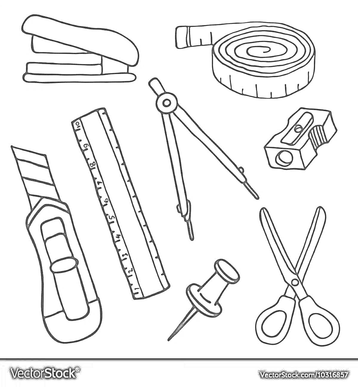 Раскраска Канцелярские принадлежности — степлер, рулетка, точилка, нож для бумаги, линейка, циркуль, кнопка и ножницы