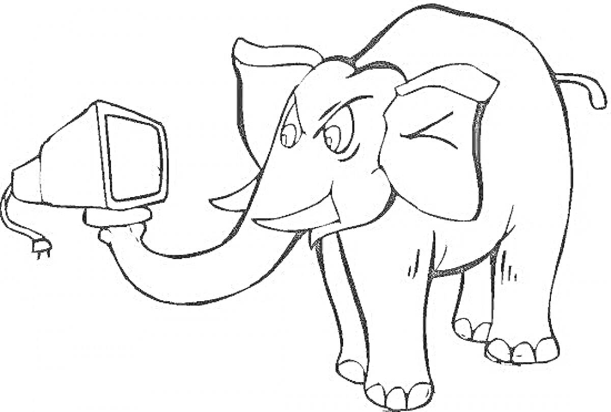 Раскраска Слон с телевизором в хоботе, сердитый слон