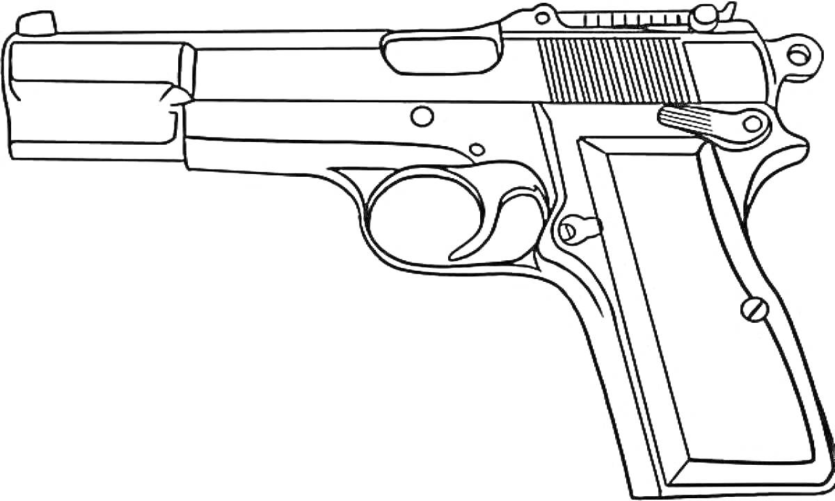 На раскраске изображено: Пистолет, Курок, Рукоятка, Огнестрельное оружие, Линии, Для детей