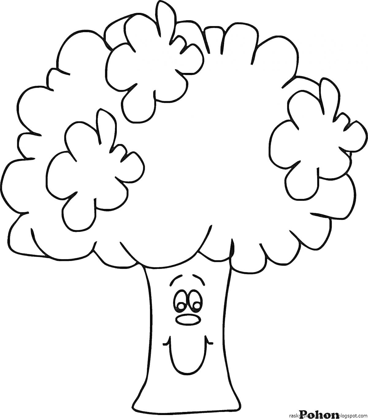 Раскраска Весёлое дерево с кронами в форме облаков и лицом