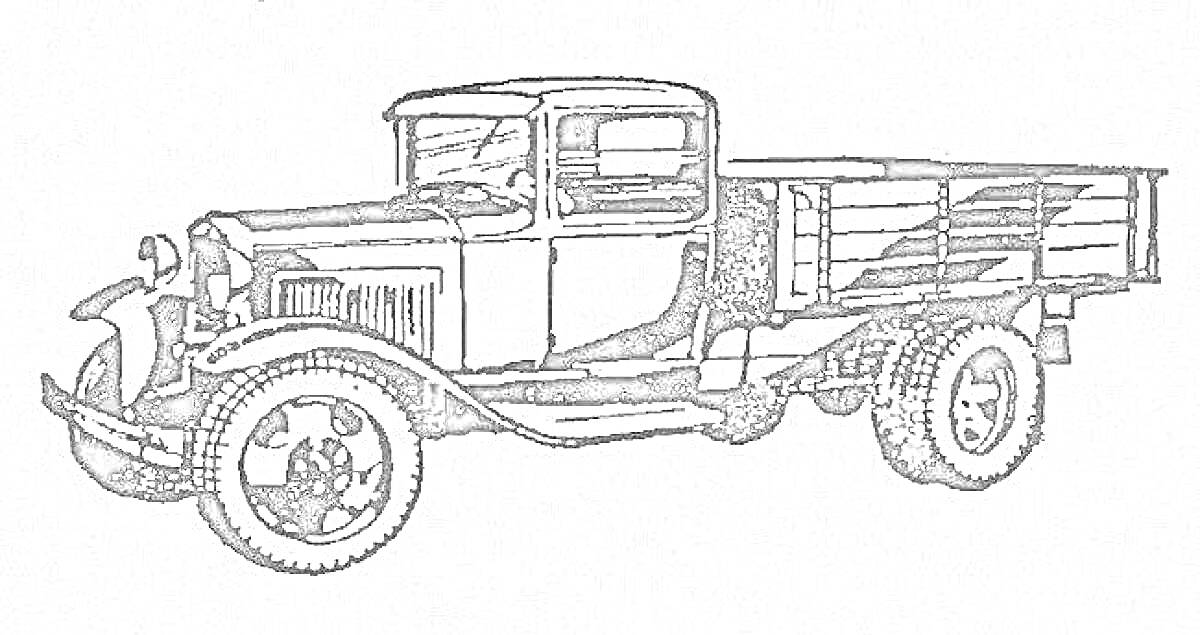 Раскраска Полуторка грузовик общего назначения с открытой кузовной коробкой и характерной решеткой радиатора