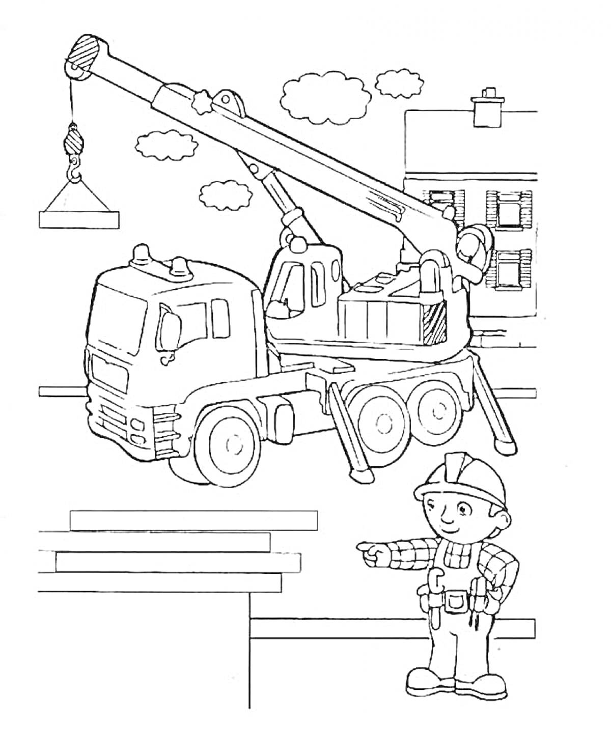 На раскраске изображено: Дом, Подъемный кран, Строитель, Облака, Кирпичи