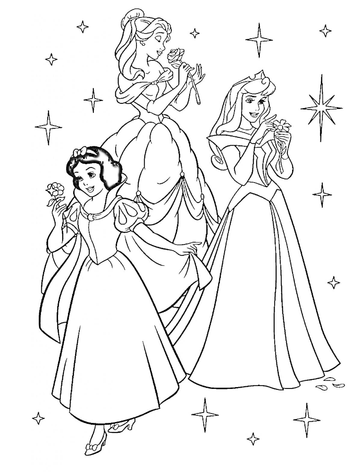 Раскраска Три принцессы Диснея с розами, со звездами на заднем фоне