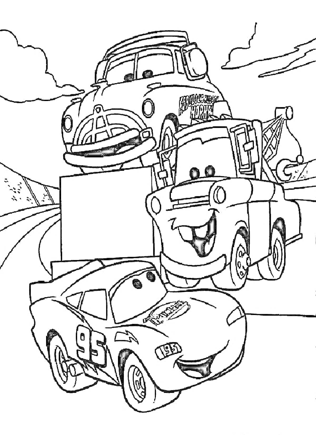 Раскраска Машины с Маквином, Док Гадсон, Мэтр на дороге с горами на заднем плане