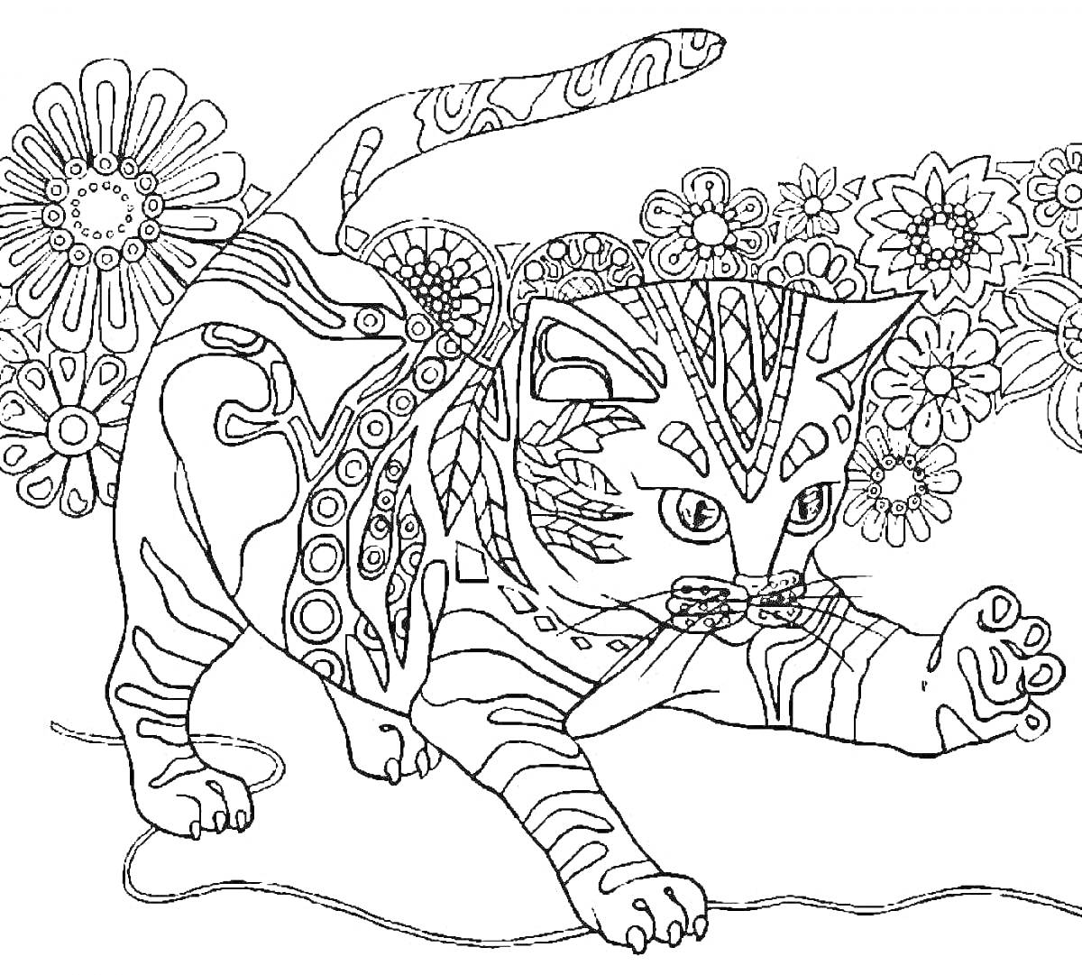 Раскраска Котенок с узором на фоне цветов