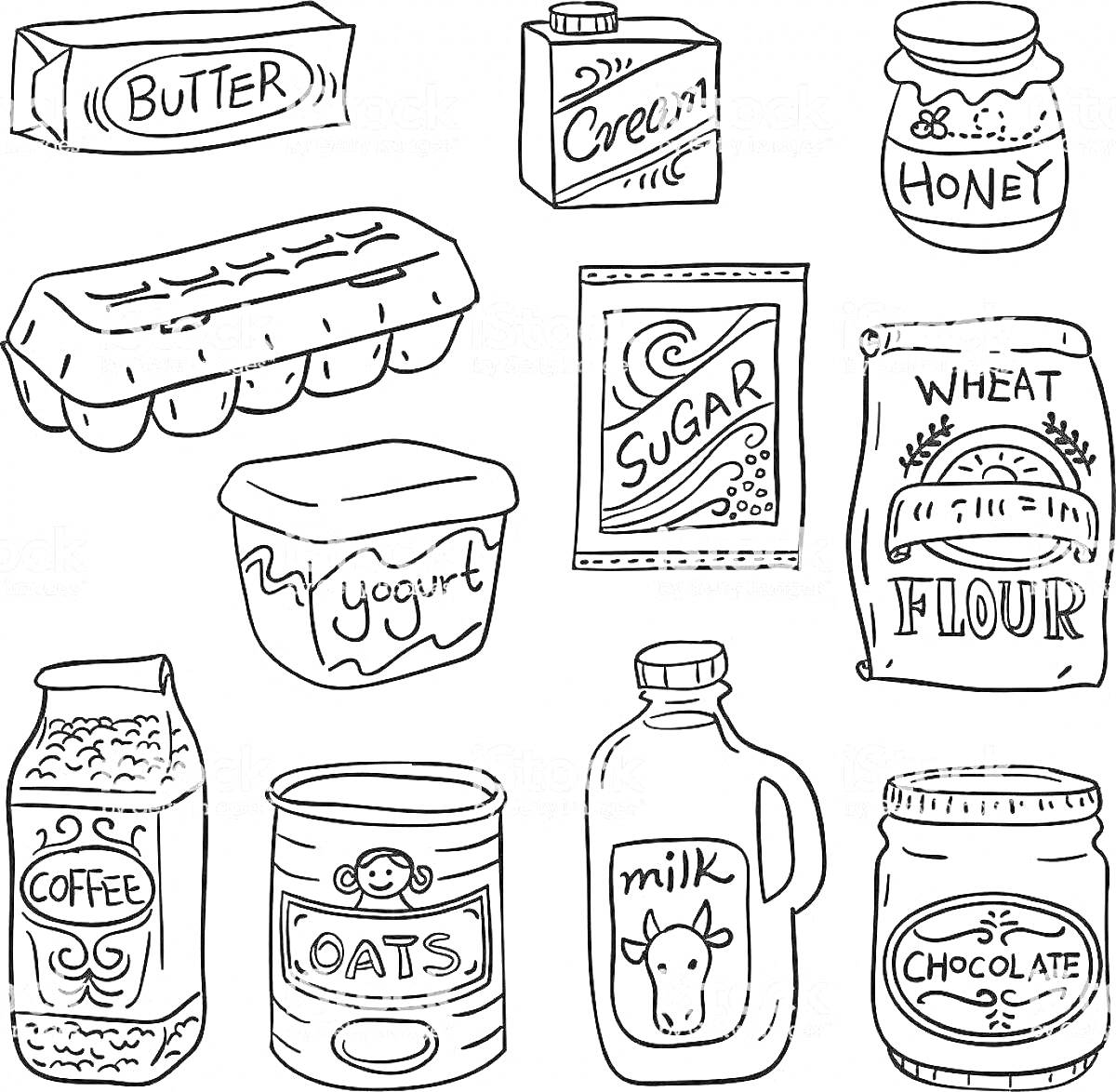 На раскраске изображено: Масло, Сливки, Мёд, Яйца, Сахар, Мука, Йогурт, Кофе, Молоко, Продукты, Кухня