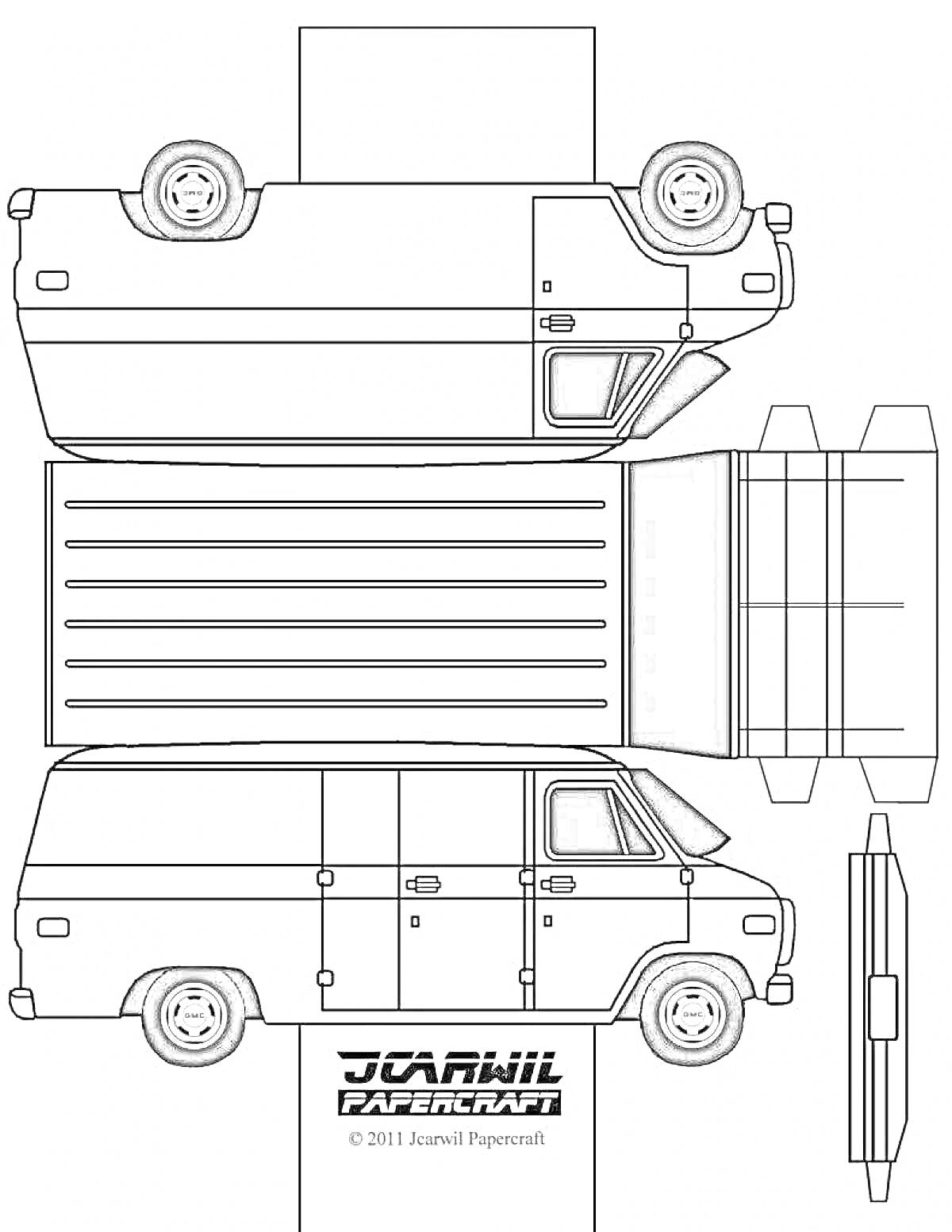 Схема раскраски машины из бумаги - фургон с боковой дверью, колесами и логотипом