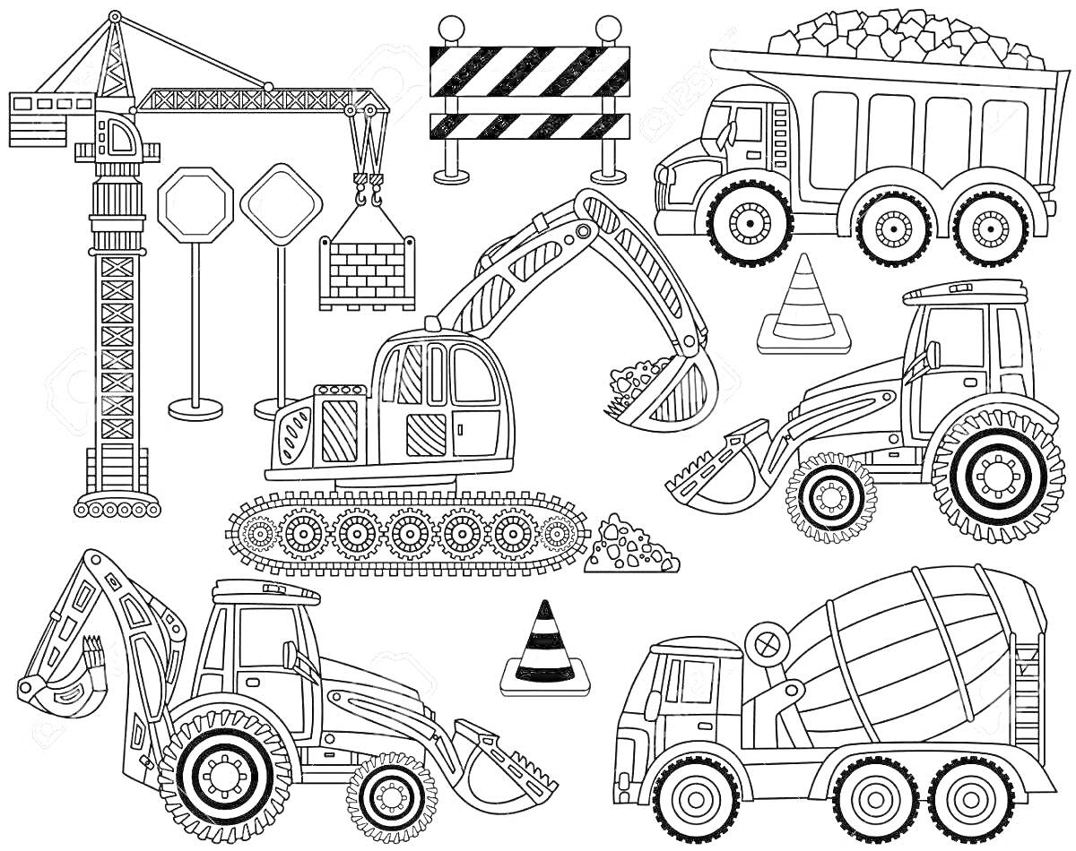 Раскраска строительные машины с башенным краном, самосвалом, экскаватором, бульдозером, погрузчиком, бетономешалкой, дорожным знаком, дорожным барьером и дорожными конусами.