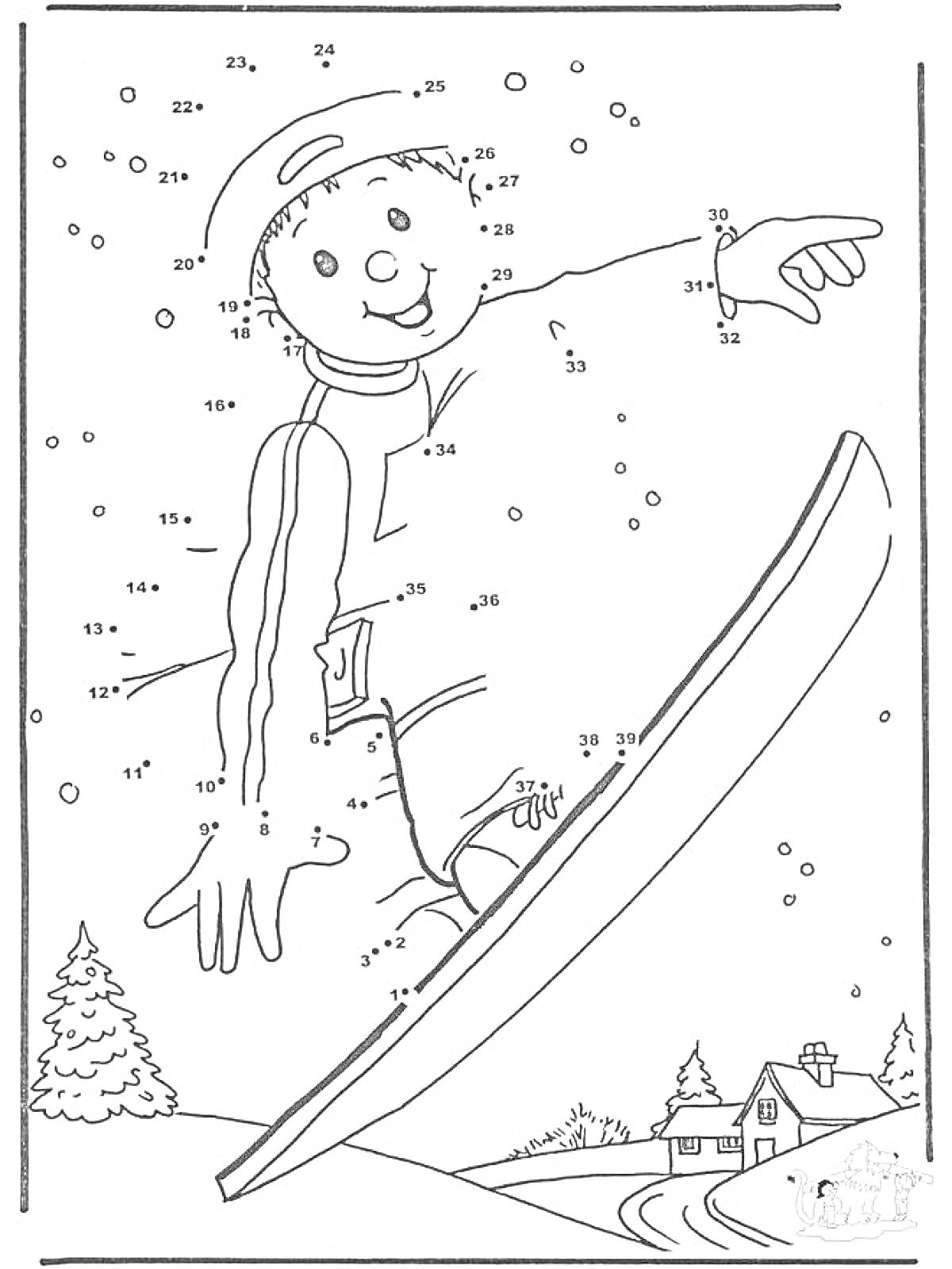 Раскраска Ребенок на сноуборде, снег, деревья, дом
