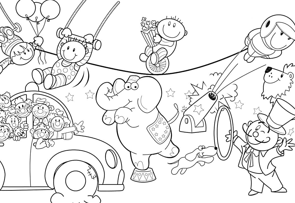 На раскраске изображено: Цирк, Клоуны, Воздушные шары, Слон, Для детей