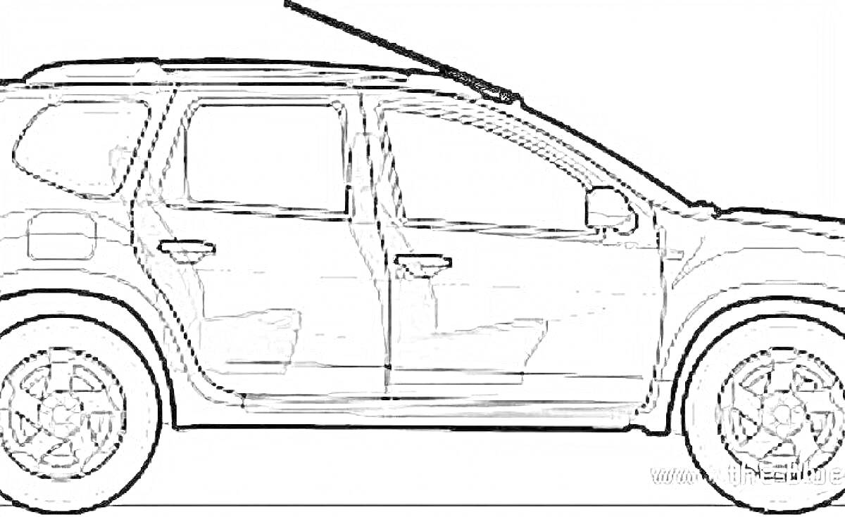 Раскраска Силуэт внедорожника Renault Duster с видимыми контурами дверей и колёс