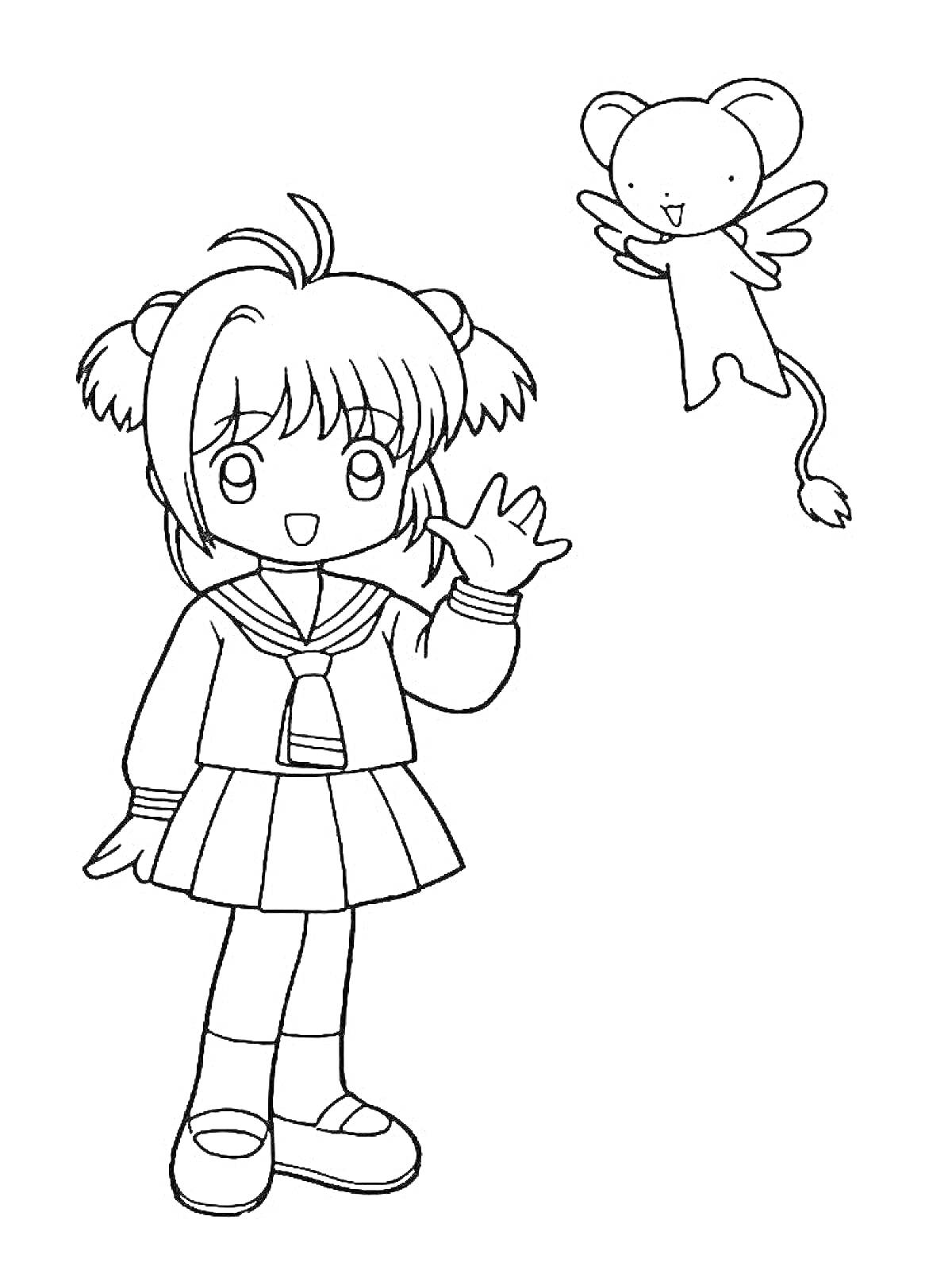 Раскраска Девочка в школьной форме и летающий мышонок с крыльями