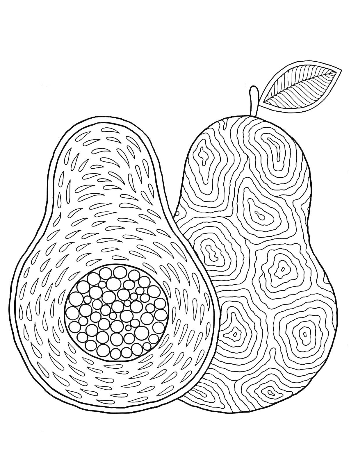 Раскраска Авокадо, половинка с косточками и целый плод с листком на фоне антистресс узоров