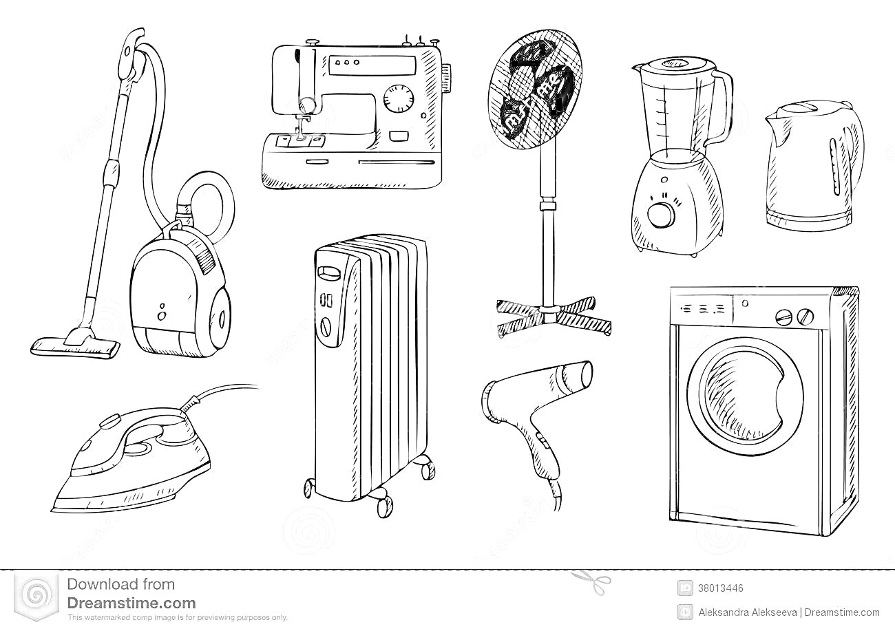Раскраска бытовые приборы - пылесос, швейная машинка, вентилятор, блендер, электрический чайник, утюг, масляный обогреватель, фен, стиральная машина
