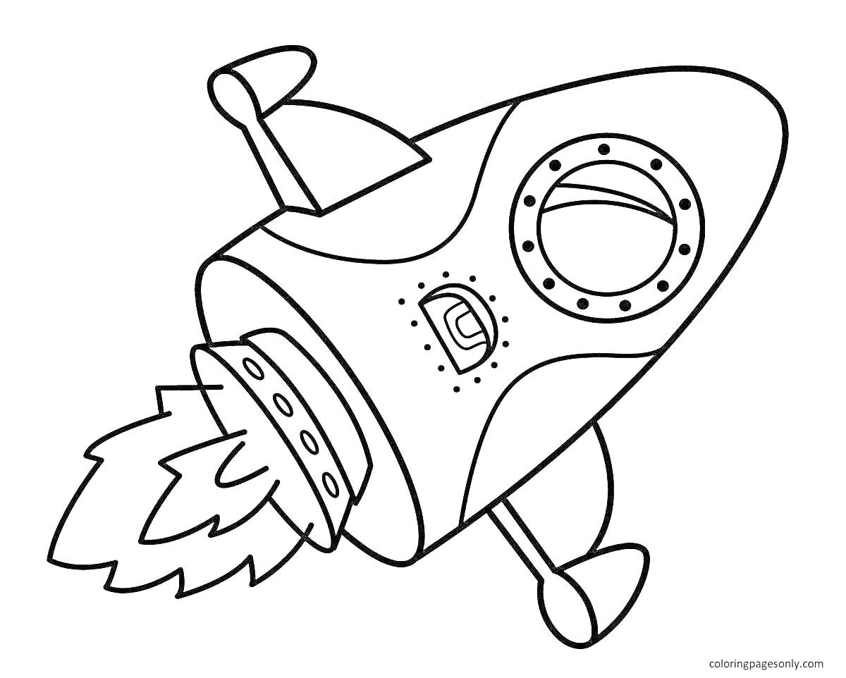 Раскраска Ракета с пылающим двигателем, иллюминатором и крыльями для детей