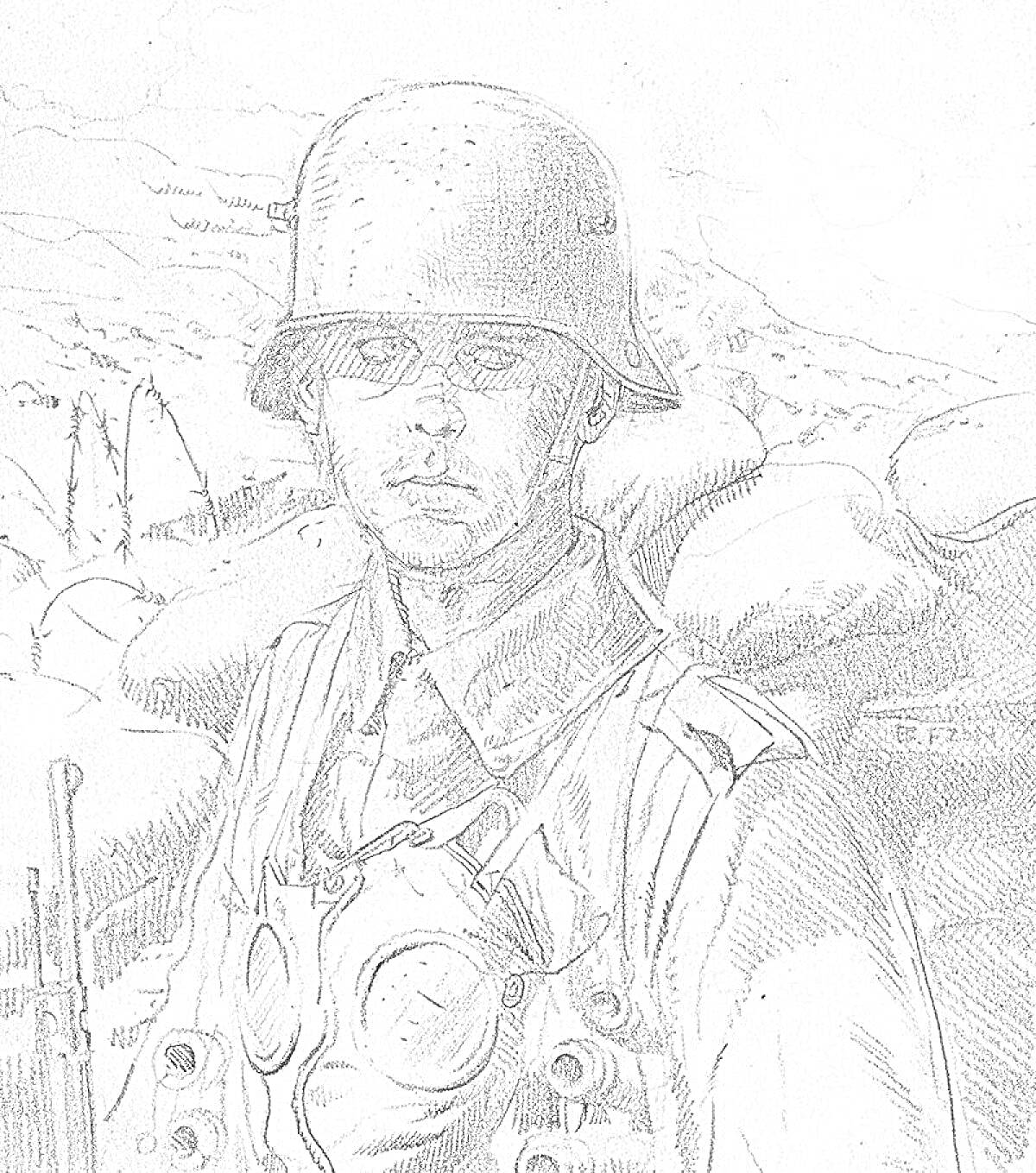 На раскраске изображено: Солдат, Каска, Противогаз, Защита, Военный, Окоп, Ландшафт