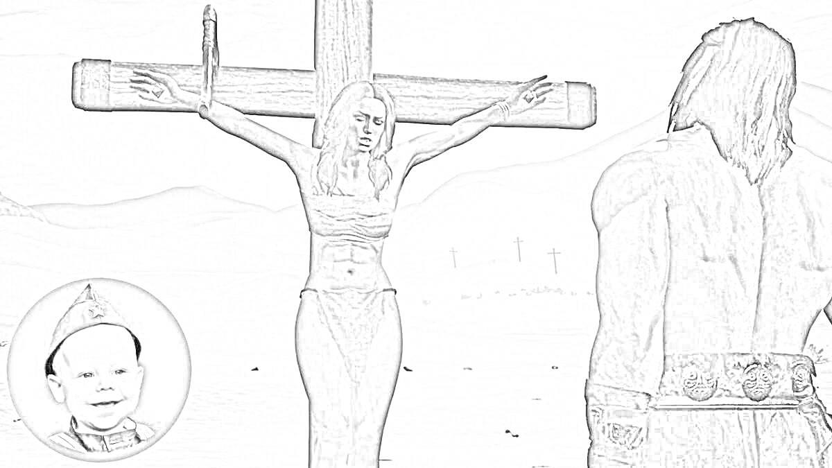 На раскраске изображено: Женщина, Мужчина, Крест, Пустыня, Младенец, Шляпа, Боевые искусства, Conan Exiles