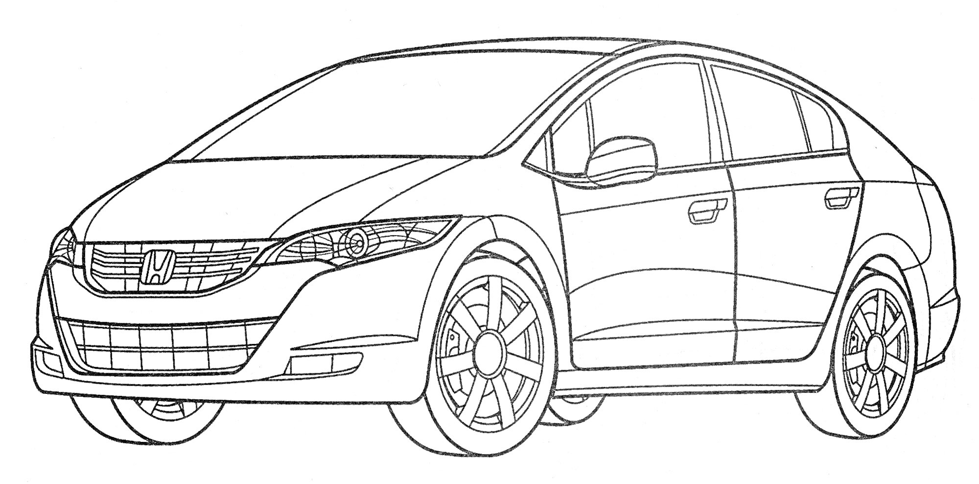 Раскраска Honda Civic, вид сбоку, четыре двери, передний бампер, боковые зеркала, колеса