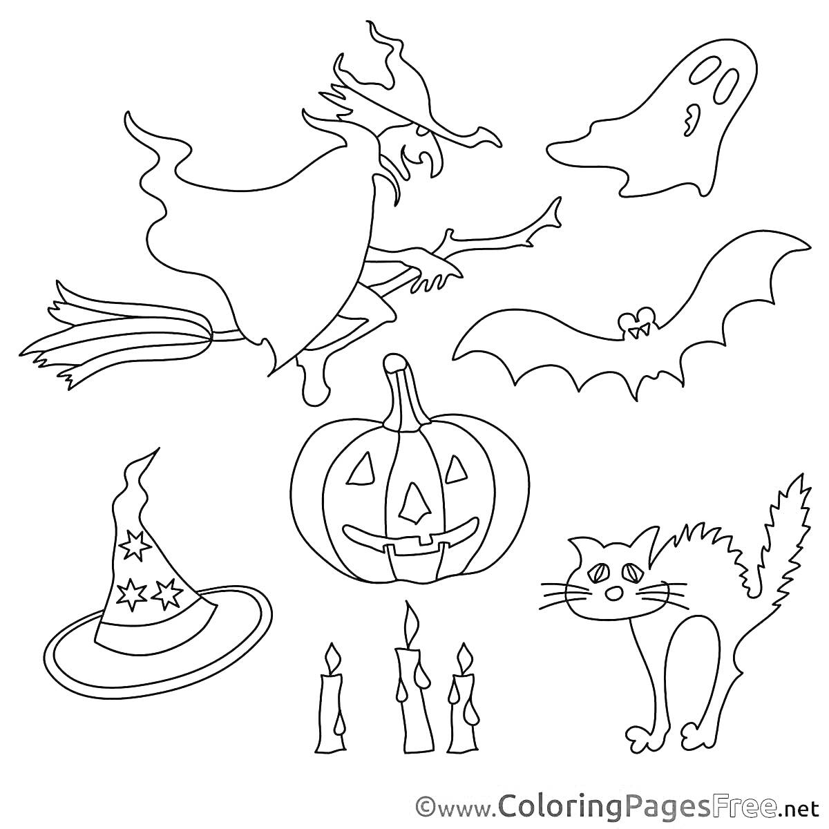 На раскраске изображено: Ведьма, Метла, Призрак, Летучая мышь, Тыква, Шляпа, Свечи
