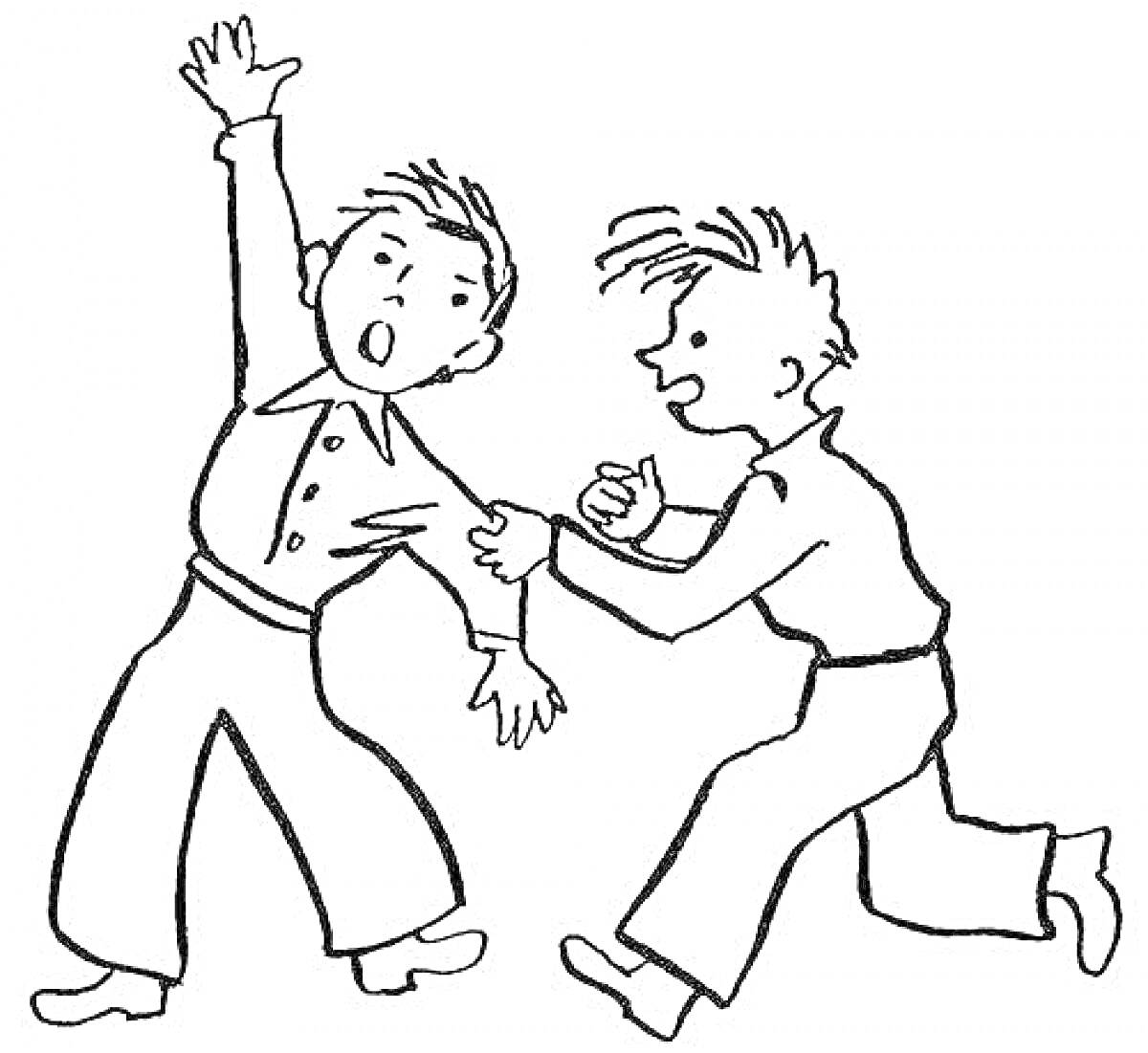 Раскраска Два мальчика, держащиеся за руки и дерущиеся